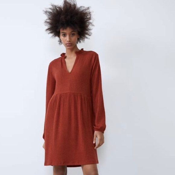 NWT Zara brown textured weave long sleeve dress M - Picture 2 of 5